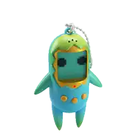 a blue and green toy that looks like a fish with a screen on it