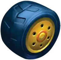 a blue tire with a yellow rim and black holes in it