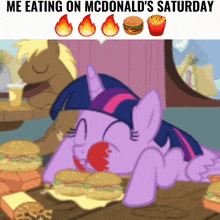 twilight sparkle is laying on a table eating hamburgers and french fries on saturday