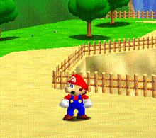 mario is standing in front of a wooden fence
