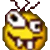 a pixelated smiley face with a bee on it 's head and antennas .