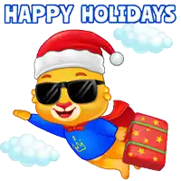 a cartoon bear wearing a santa hat and sunglasses is flying through the air carrying a red gift box