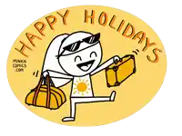 a cartoon drawing of a woman holding a suitcase with the words happy holidays written around it