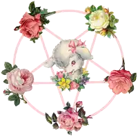 a pentagram with flowers around it and a sheep in the middle