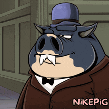 a cartoon drawing of a pig wearing a top hat and a bow tie with nikepig written on the bottom