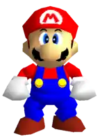 a cartoon character with a red hat and overalls has a m on his hat