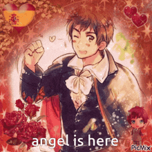 a picture of a man with the words angel is here