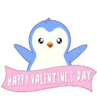 a penguin holding two pink hearts and a banner that says happy valentines day