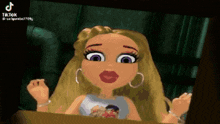 a cartoon girl with blonde hair and red lips is looking out a window .