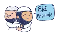 a cartoon of a man hugging another man with a speech bubble that says eid mubarak