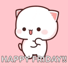 a cartoon cat is standing on a pink background and saying `` happy friday ! ''
