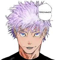 a drawing of a man with purple hair and the word perchance above him