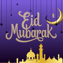 a greeting card for eid mubarak with a silhouette of a mosque