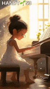 a little girl is sitting on a stool playing the piano .