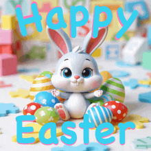 a happy easter greeting card with a bunny and easter eggs