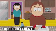 a cartoon character from south park is washing dishes in a kitchen