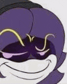 a close up of a cartoon character 's butt with a purple hat and glasses .
