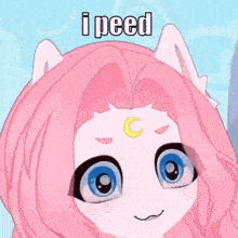 a cartoon character with pink hair and blue eyes says i peed