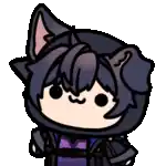 a cartoon character with a cat ear on his head and a purple shirt .