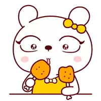 a cartoon bear with a bow on its head is eating chicken legs .