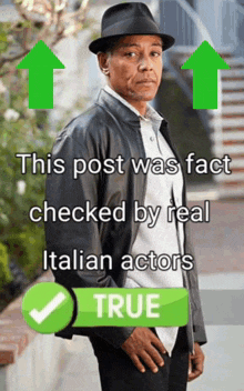 a man wearing a hat and a leather jacket is standing in front of a green arrow that says " this post was fact "