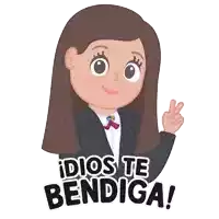 a cartoon girl giving a peace sign with the words dios te bendiga written below her