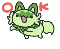a cartoon drawing of a green axolotl with the word ok in red letters .