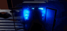 a dark room with a blue light behind a door that says occult