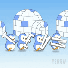 a cartoon of penguins holding up letters that spell out the word pengu
