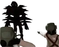 a man in a gas mask pointing at a shadow of a monster