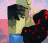 a blurry picture of a roblox character with a r on his shirt