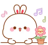 a cartoon rabbit is holding a pink flower in a pot surrounded by music notes .