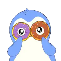 a penguin is holding two donuts in front of his eyes